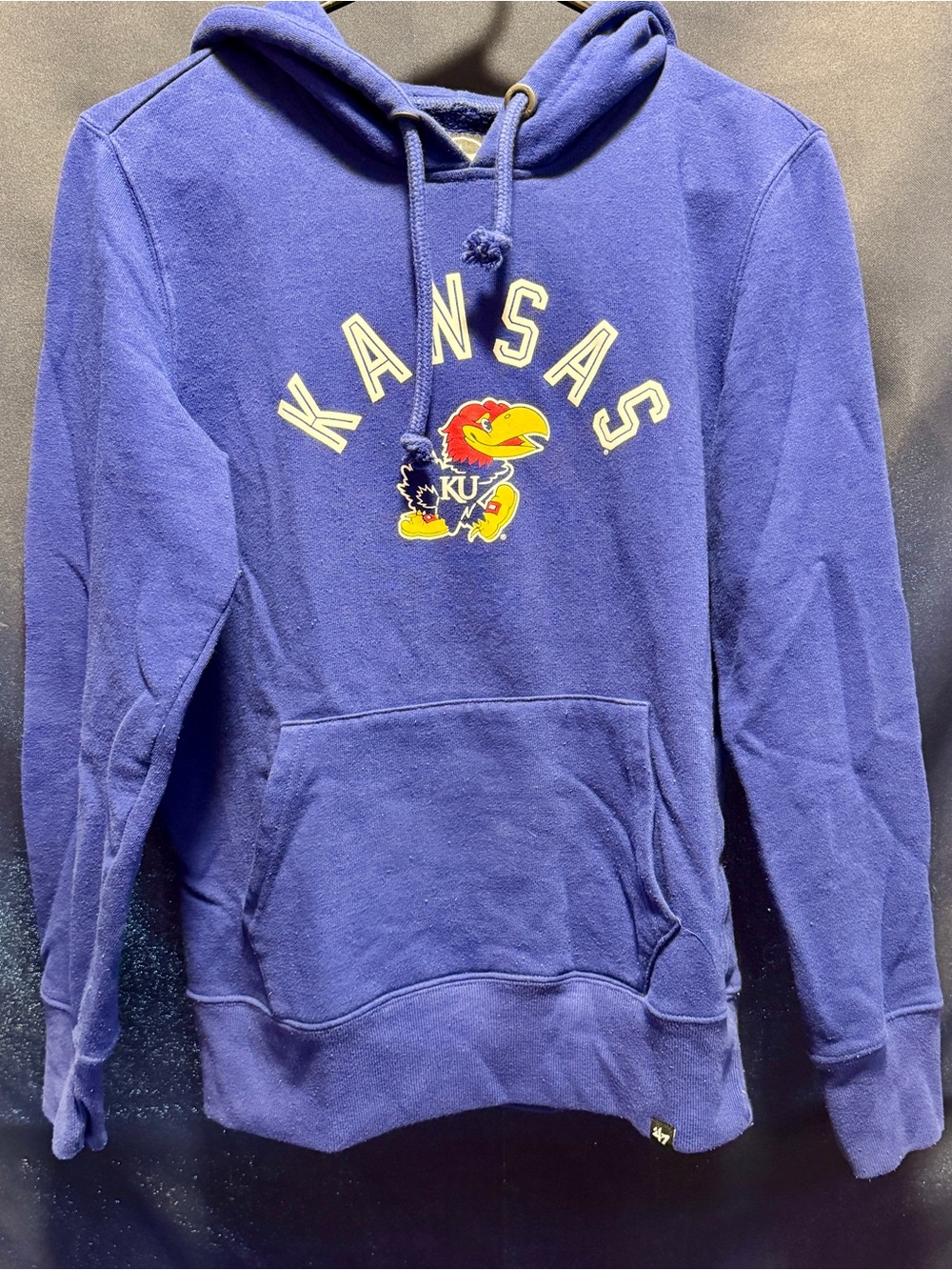 47 brand Kansas Jayhawks Hoodie with yellow and red Jayhawk mascot graphic Small